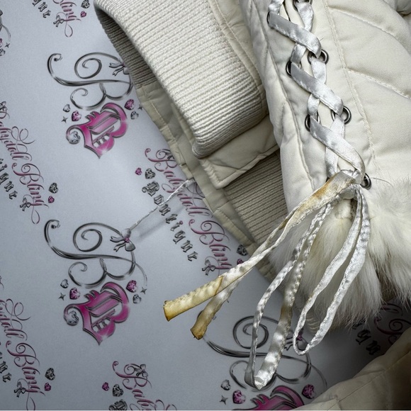 Bebe corset coat jacket snow bunny fur rabbit White Quilted Jacket Fur Trim hood - Picture 15 of 16